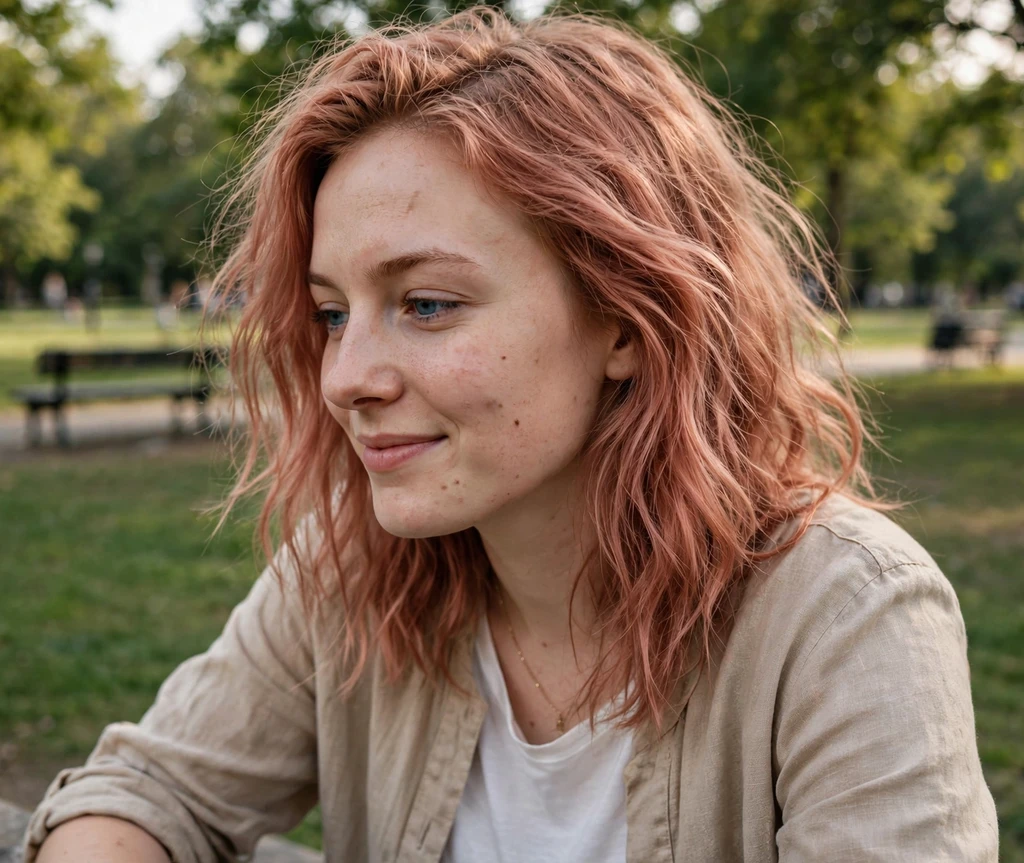Woman in her mid 20s with rose-gold dyed hair in a park wearing a casual top