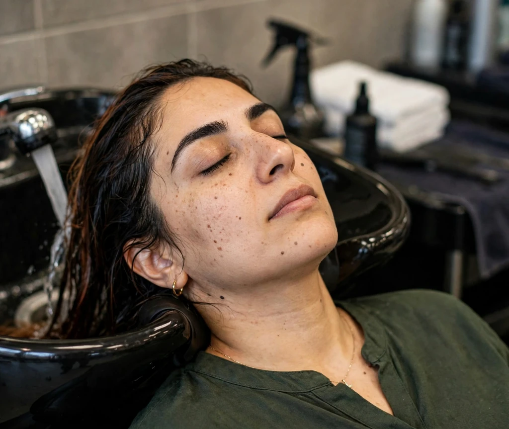 Middle Eastern woman having her hair rinsed at a salon backwash after coloring, eyes closed and relaxed