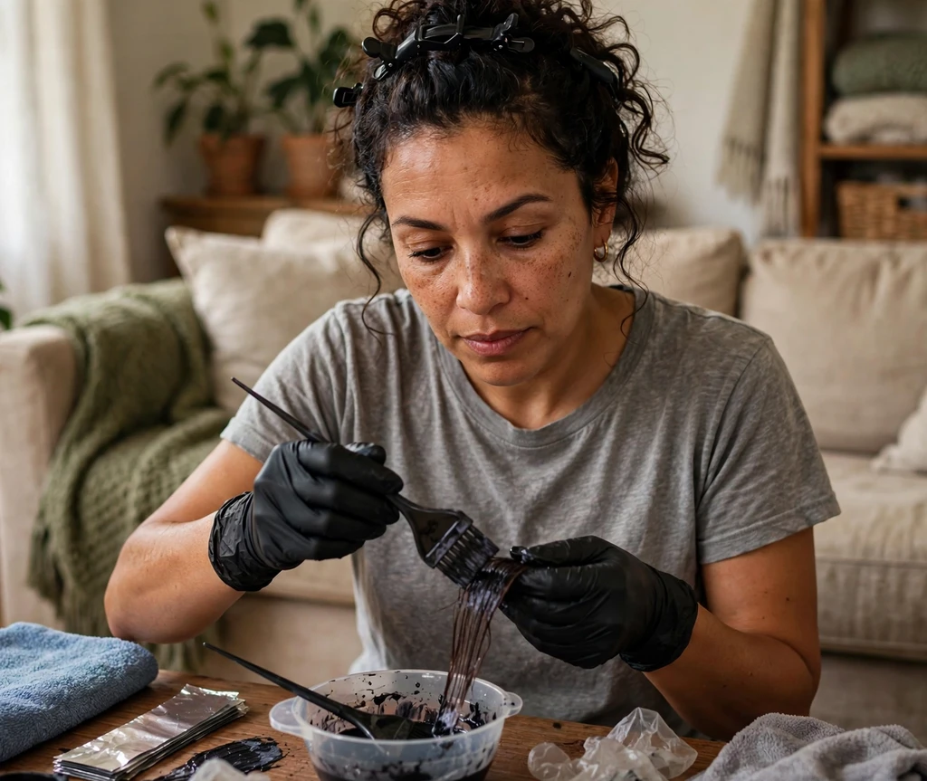 Latina woman applying an at-home balayage kit in her living room with gloves on