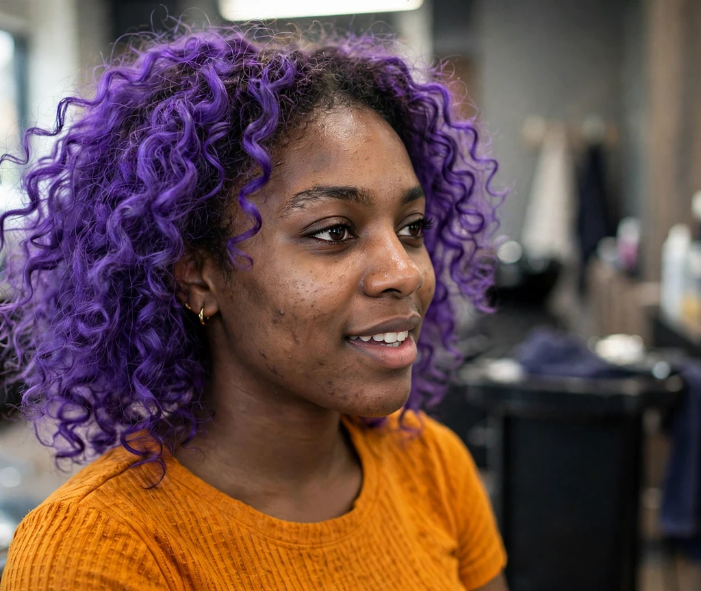 Black woman with vivid purple dyed curls in a salon result shot