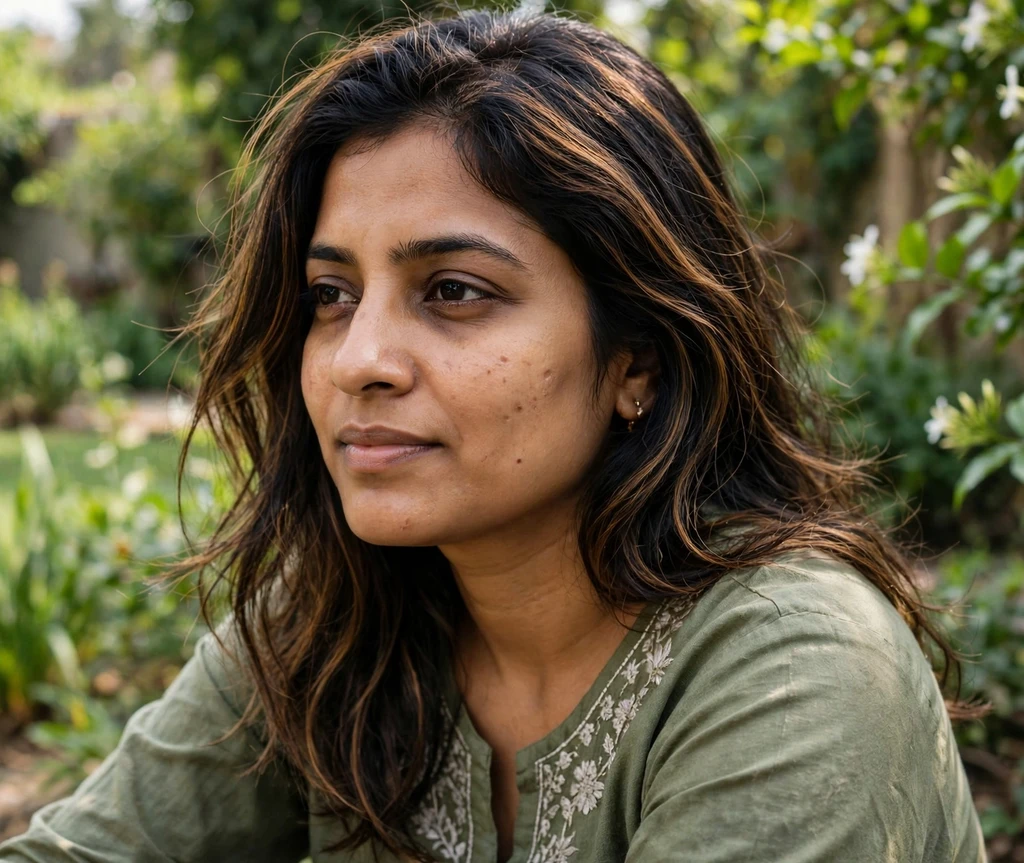 South Asian woman with caramel highlights on dark hair in outdoor garden light