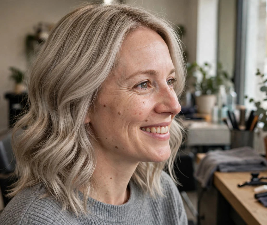 Woman in her mid 30s with a fresh ash-blonde color result at a salon wearing a gray sweater