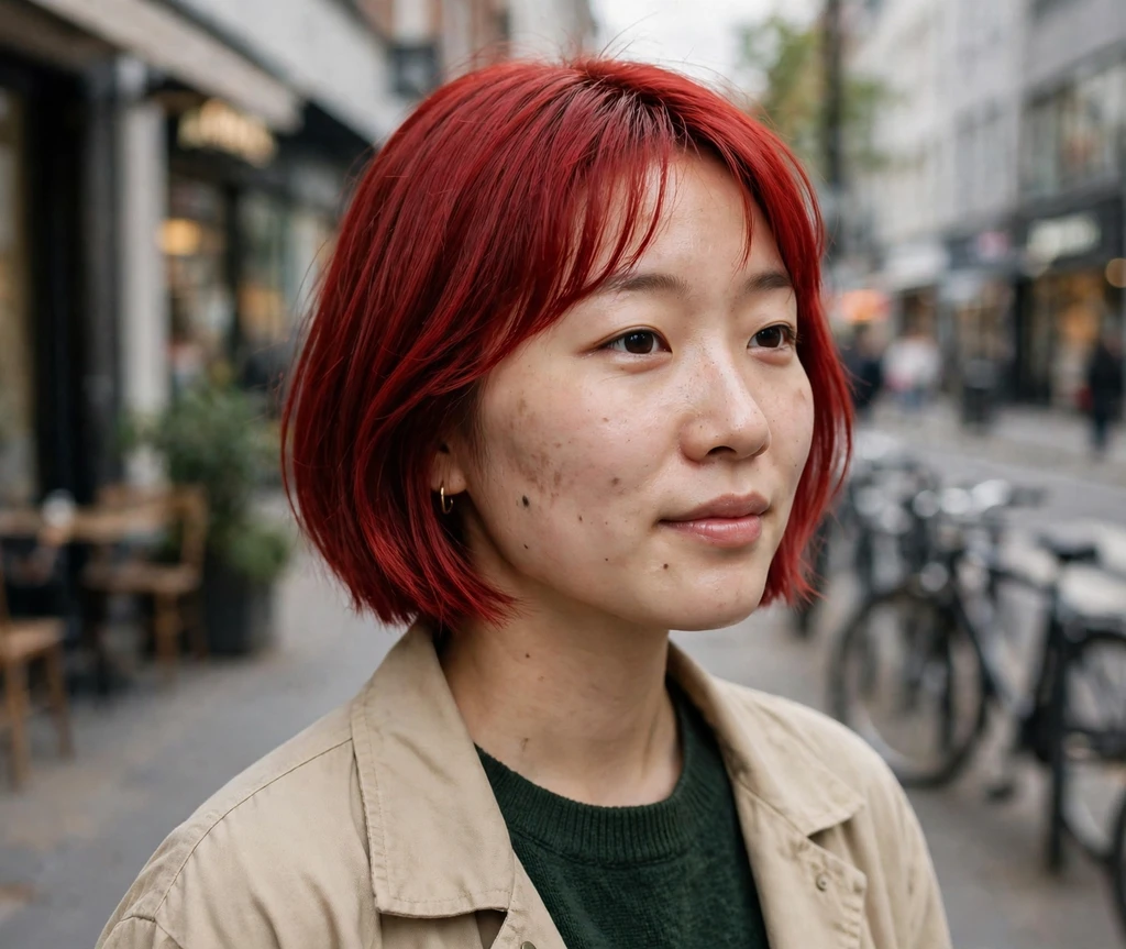 East Asian woman with a cherry-red bob fresh dye on a city street