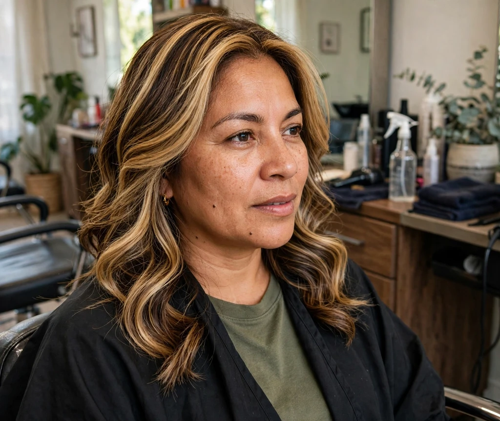 Latina woman with fresh honey-blonde highlights sitting in a salon chair