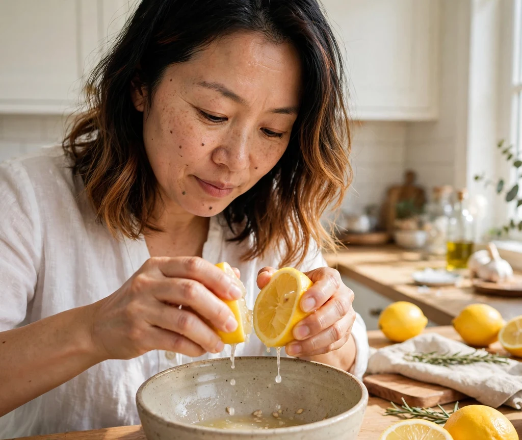 Woman squeezing fresh lemon juice over her caramel-lightened hair in a sunny kitchen