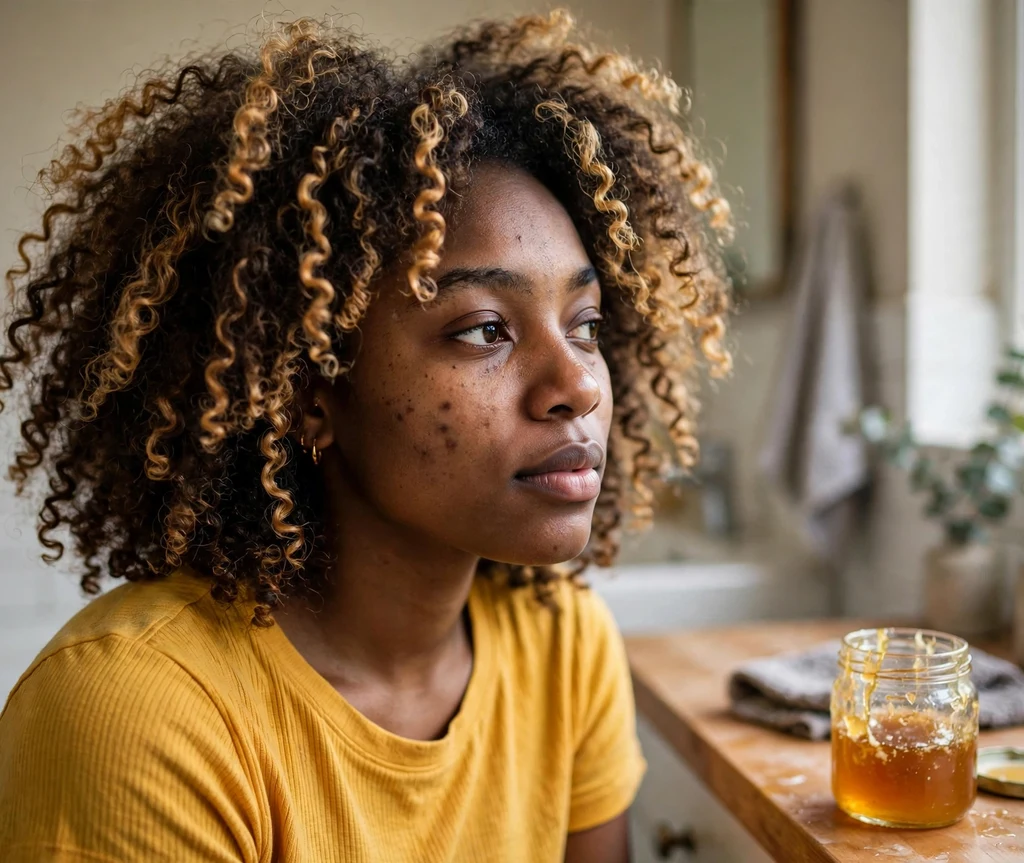 Woman with honey-highlighted natural curls holding a jar of raw honey in her bathroom