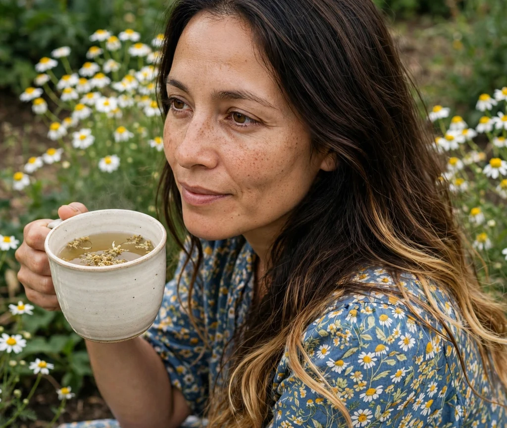 Woman with golden chamomile-lightened long hair holding chamomile tea in a flower garden