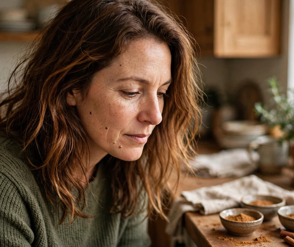 Woman with warm cinnamon-toned brown hair beside bowls of ground cinnamon in her kitchen
