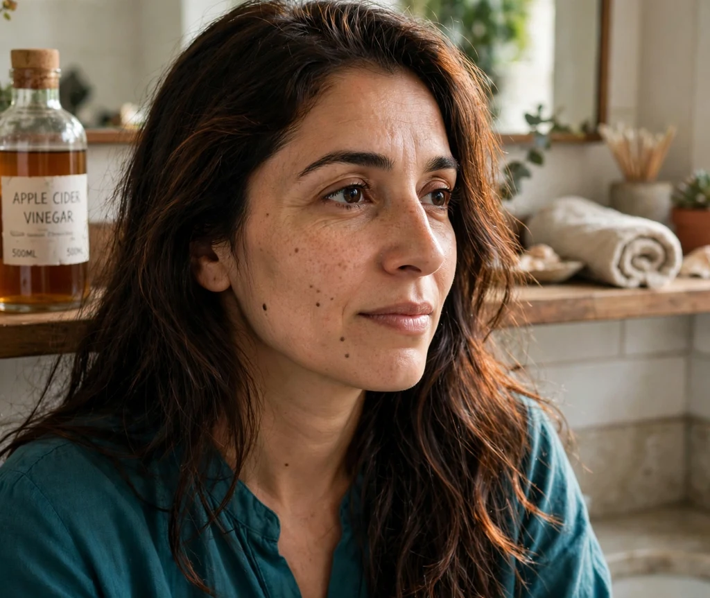 Woman with coppery-shined dark hair in a bathroom with apple cider vinegar on the shelf