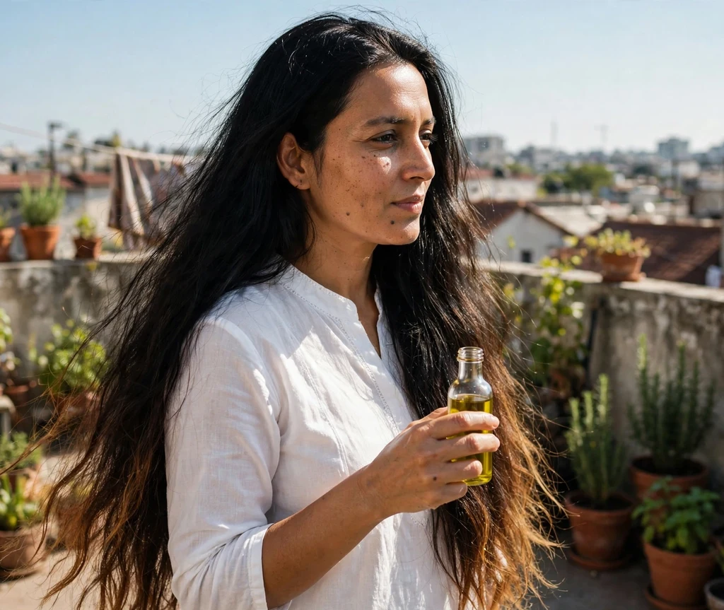 Woman with sun-lightened brown hair tips holding olive oil on a sunny rooftop terrace