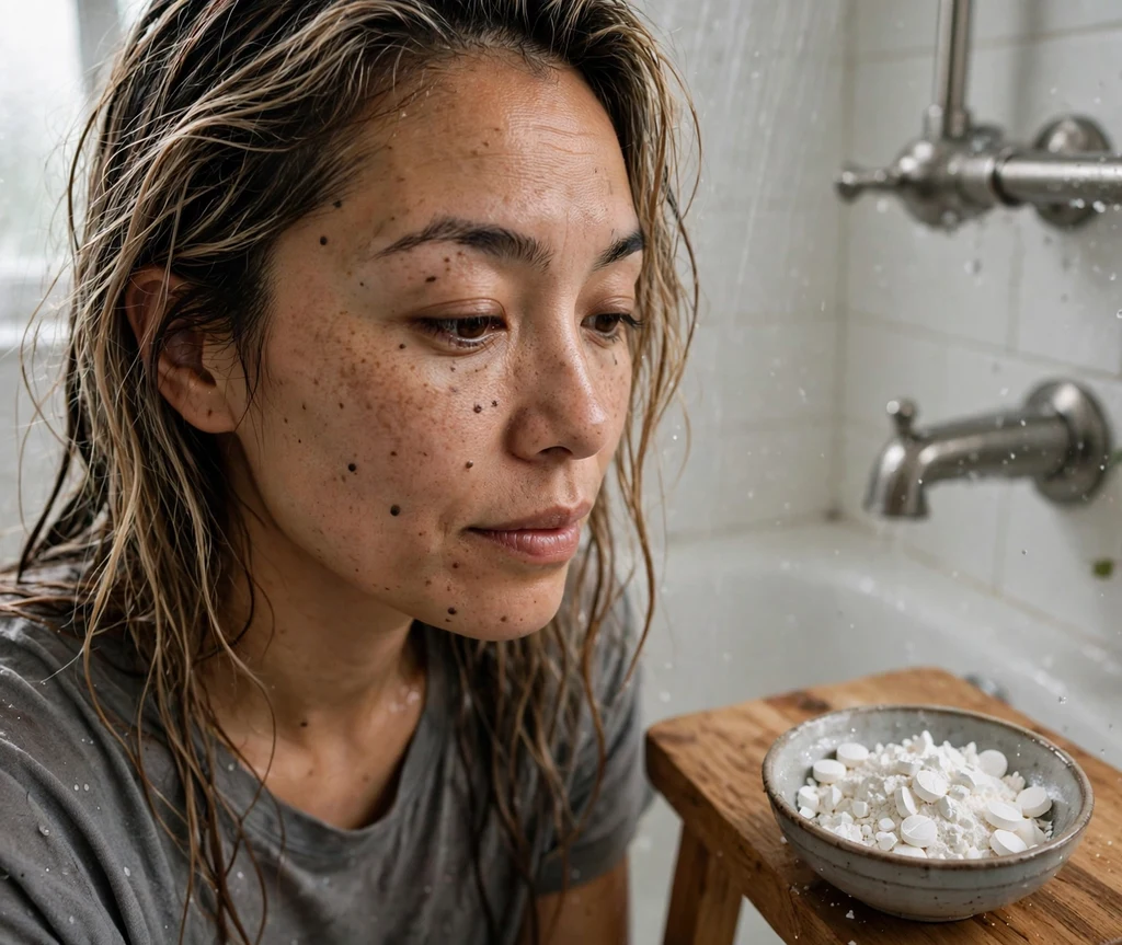 Woman with freshly brightened dark blonde hair beside crushed vitamin C tablets in her shower