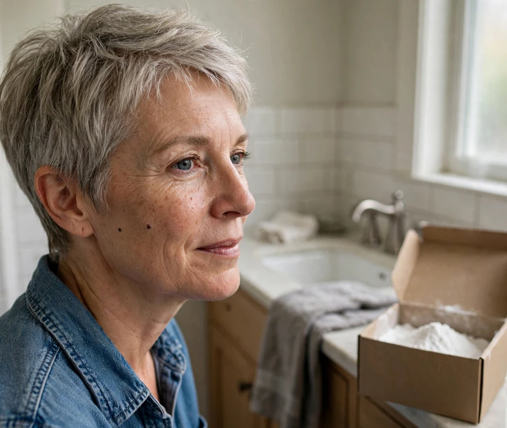 Older woman with brightened gray-blonde pixie beside a box of baking soda in her bathroom