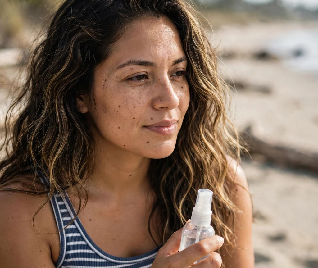 Woman with beach-lightened streaked hair holding sea salt spray at the beach