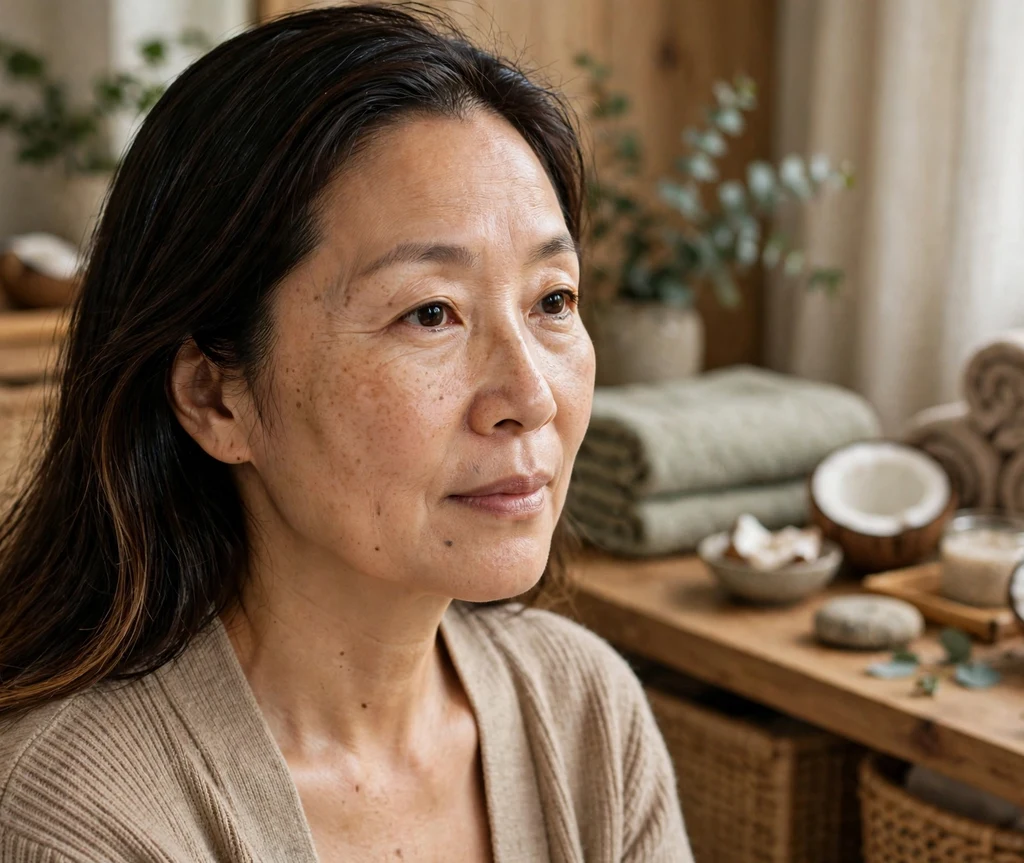 Woman with glossy coconut-oiled dark hair with lighter warm ends in a home spa corner