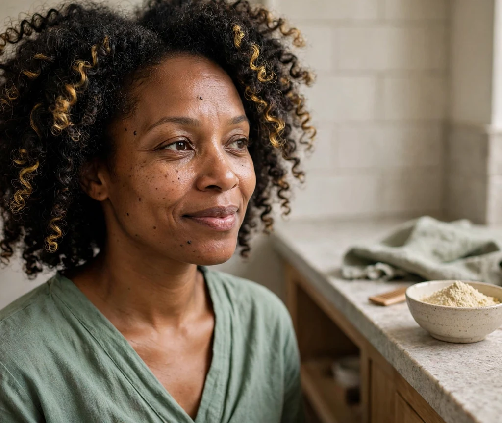 Woman with golden-sheened coily hair beside a bowl of cassia herbal powder in her bathroom