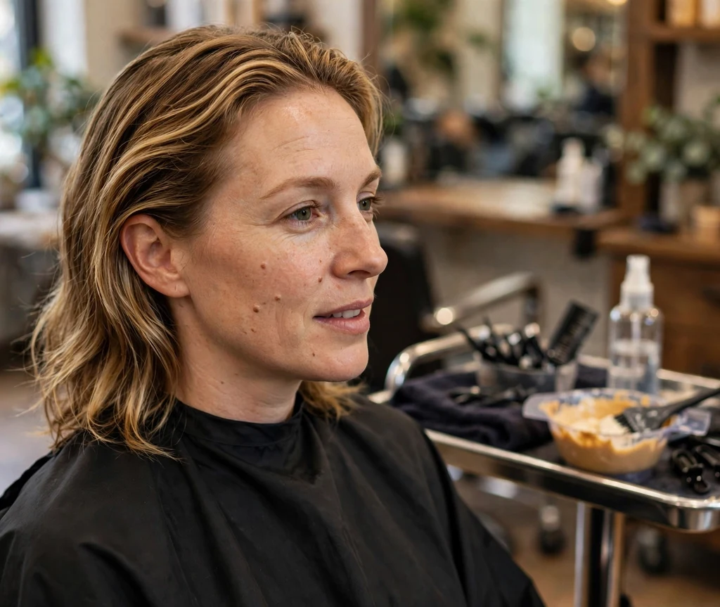 Woman with freshly brightened dark blonde hair in a salon chair with high-lift color bowl nearby