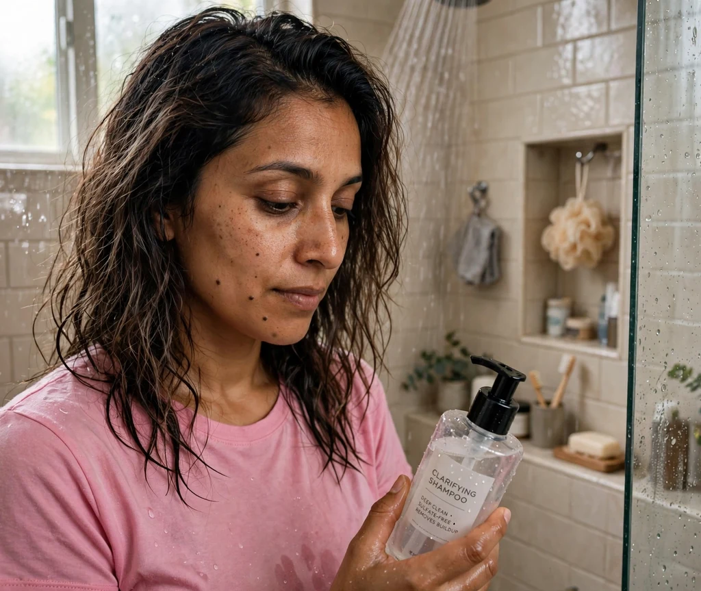 Woman with softly faded brown hair holding clarifying shampoo in her shower