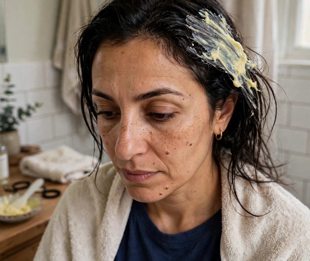 Woman with dark dyed hair mid vitamin C treatment with a towel around her shoulders in her bathroom