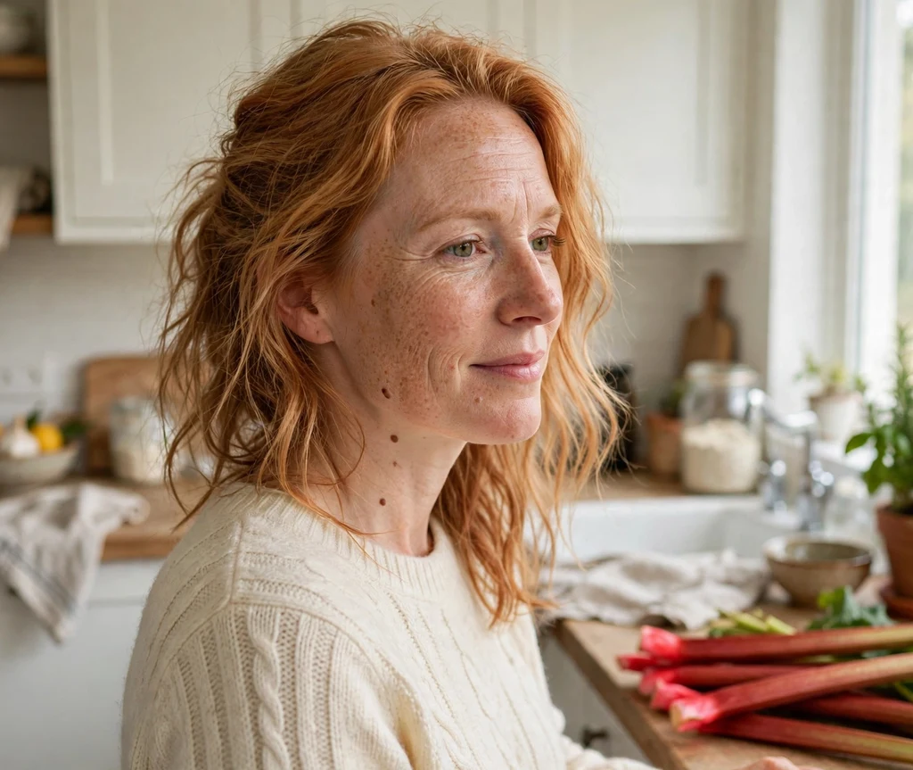 Woman with strawberry blonde hair beside fresh rhubarb stalks in a bright kitchen