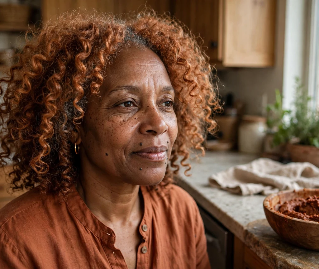 Woman with copper-toned natural curls beside a bowl of henna-cassia paste in her kitchen