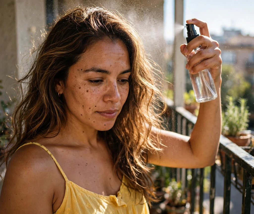 Woman with sun-activated golden highlights misting her hair on a sunny balcony