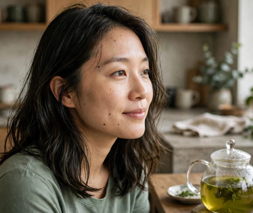 Woman with glossy green-tea-shined dark brown hair beside a glass teapot in her kitchen