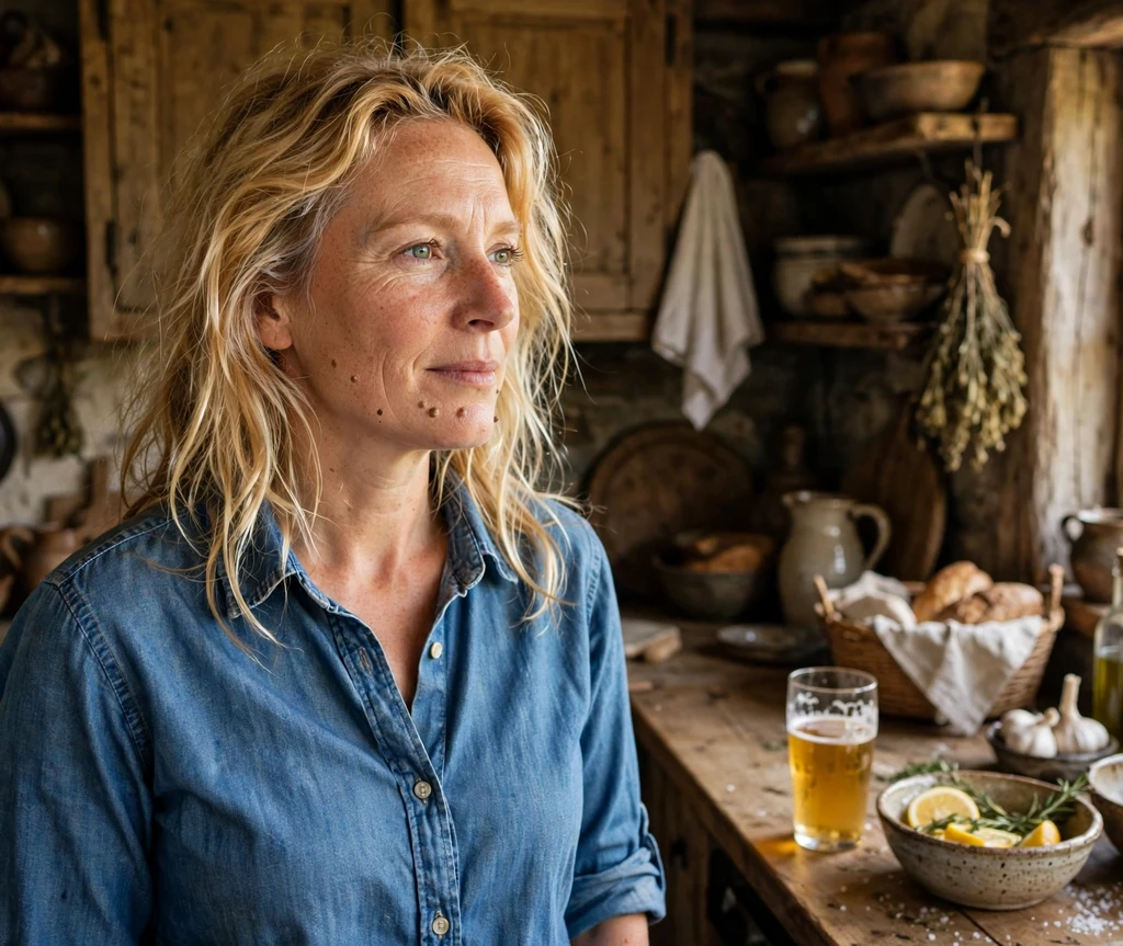 Woman with bright golden blonde hair beside a glass of beer in a rustic kitchen