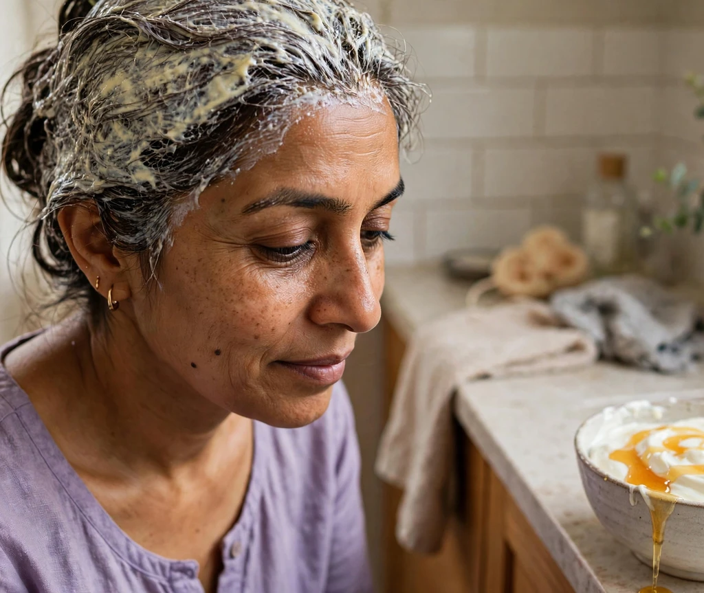Woman with yogurt-honey mask in her dark hair beside a bowl of yogurt with honey in her bathroom