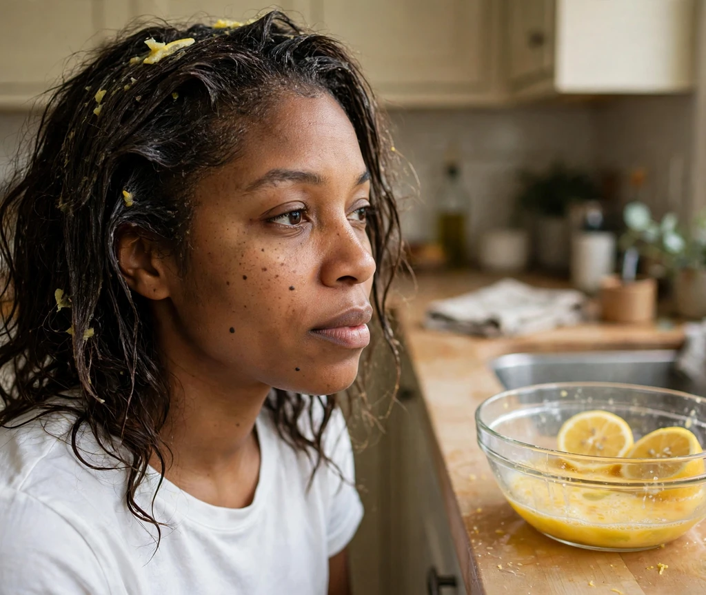 Woman with egg-lemon treatment in her dark hair beside whisked eggs and lemons in her kitchen