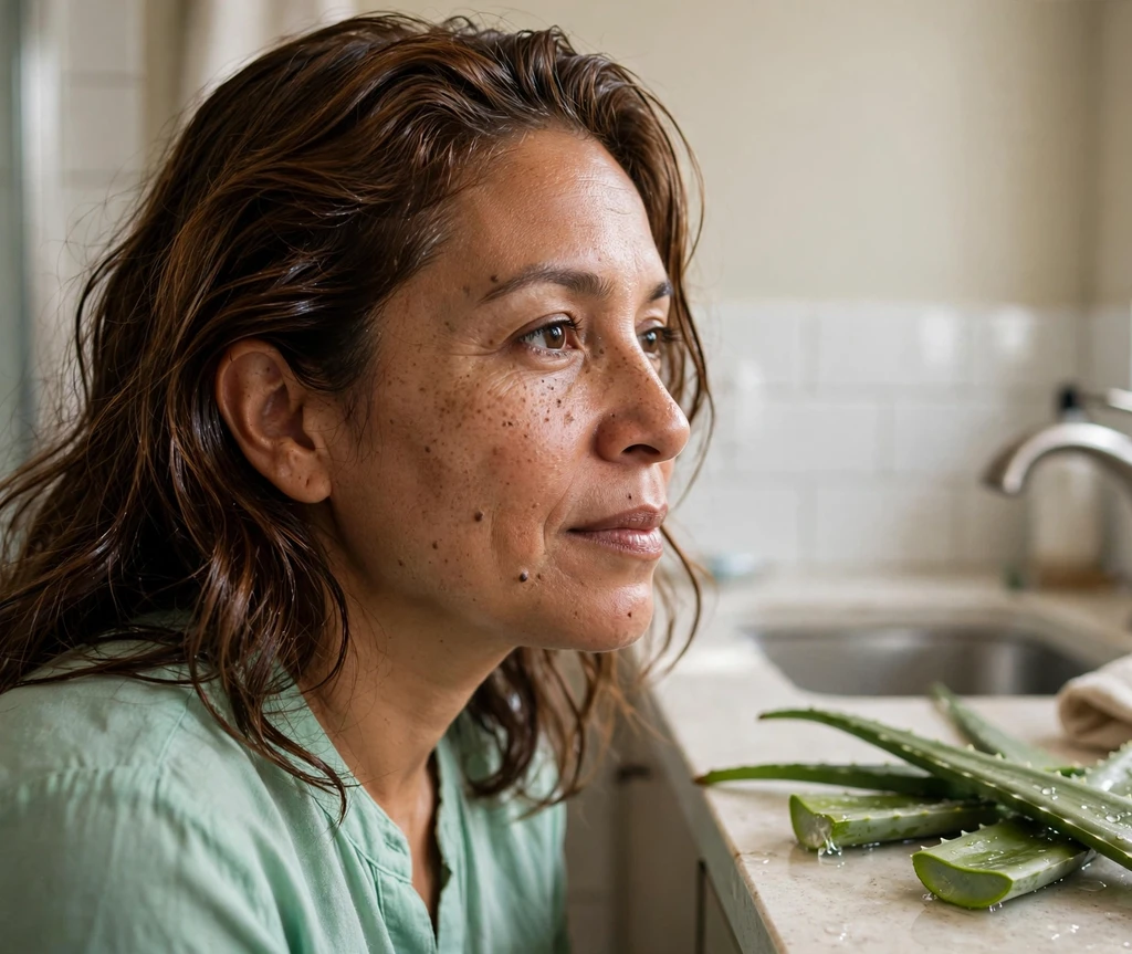 Woman with glossy aloe-shined brown hair beside fresh aloe vera leaves in her bathroom