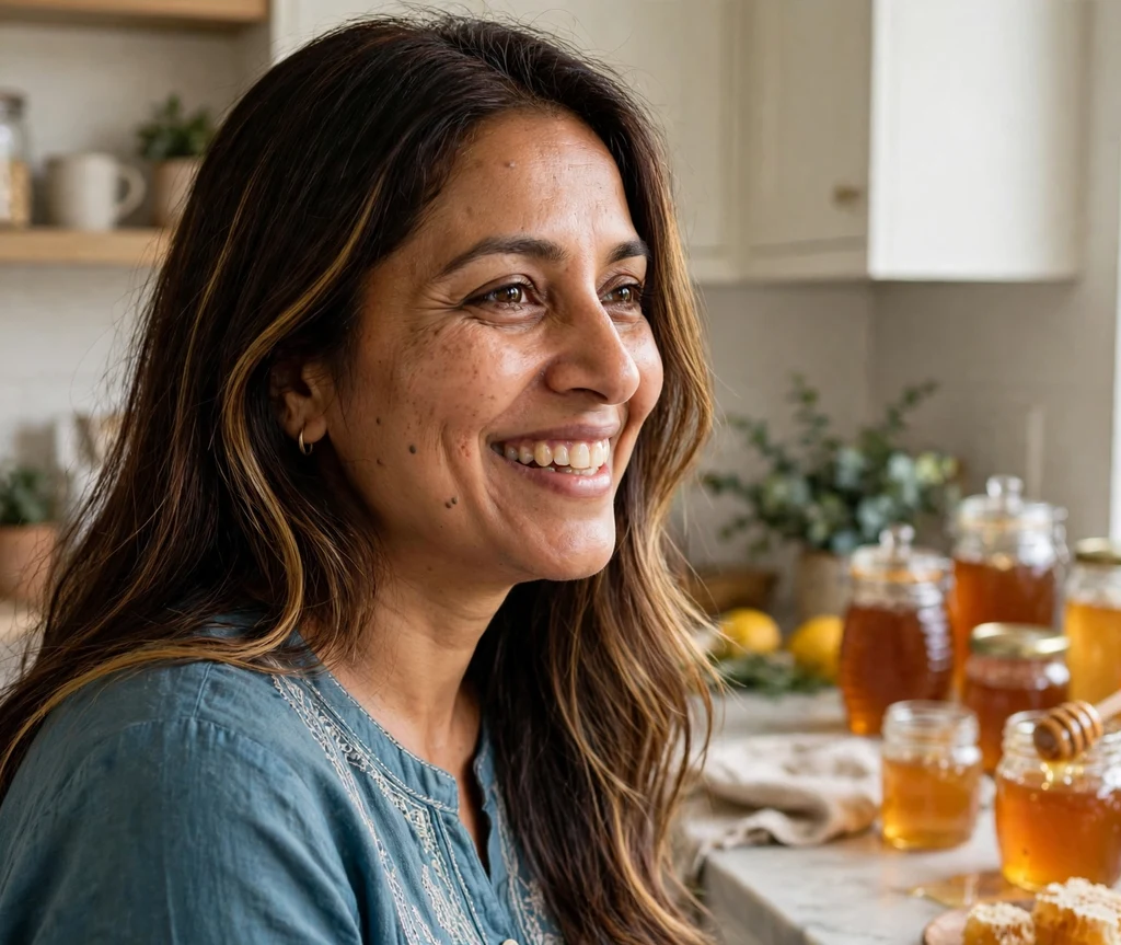 Woman with golden turmeric-toned dark blonde hair beside turmeric powder in her kitchen