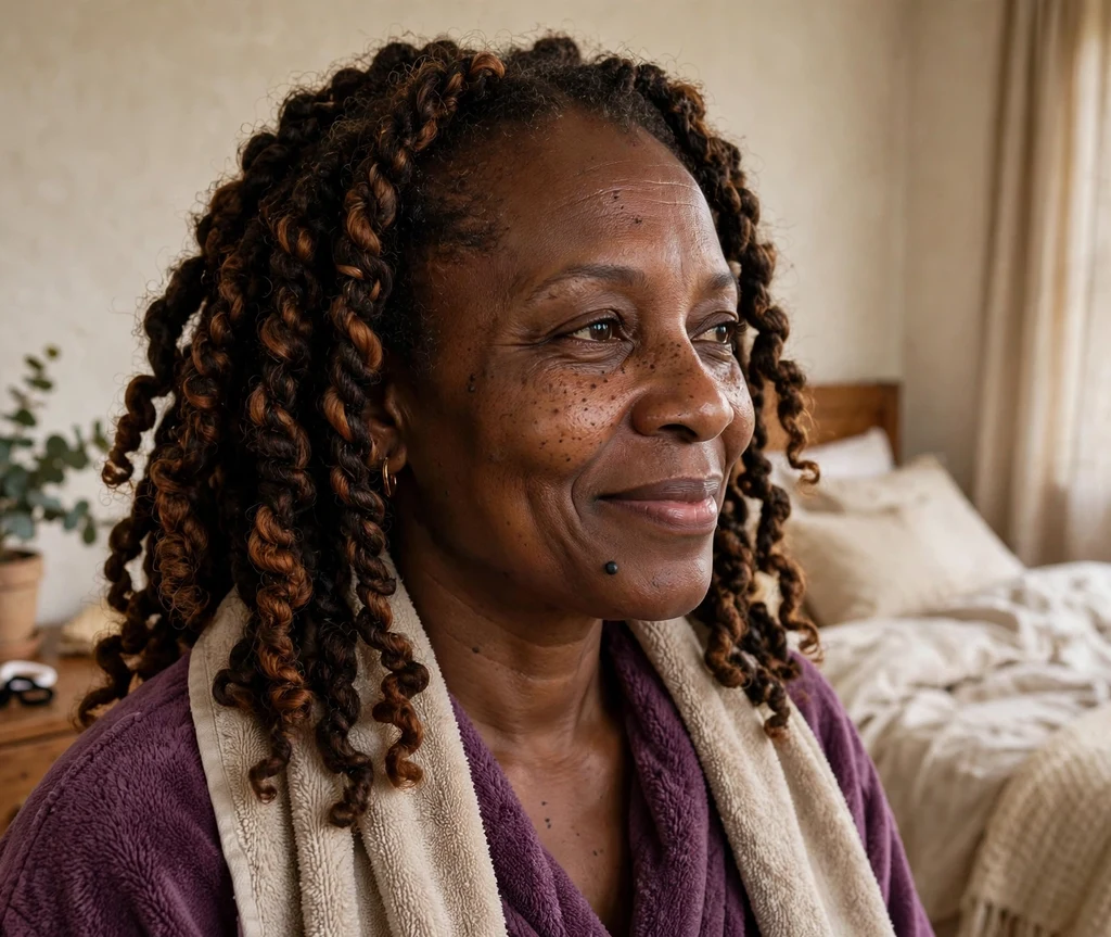 Woman with overnight cinnamon-treated dark hair in loose twists wearing a plum robe in her bedroom
