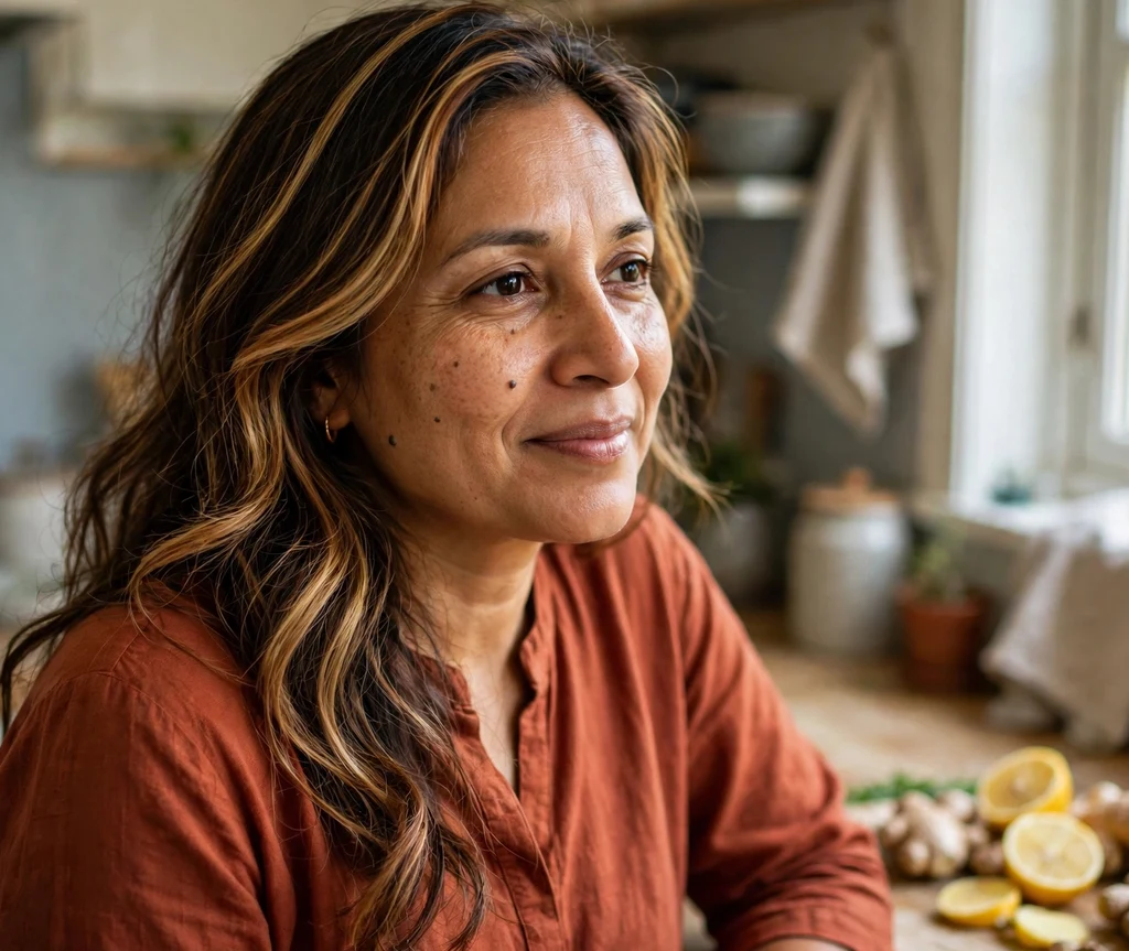Woman with warm ginger-toned dark hair beside fresh ginger root and lemons in her kitchen
