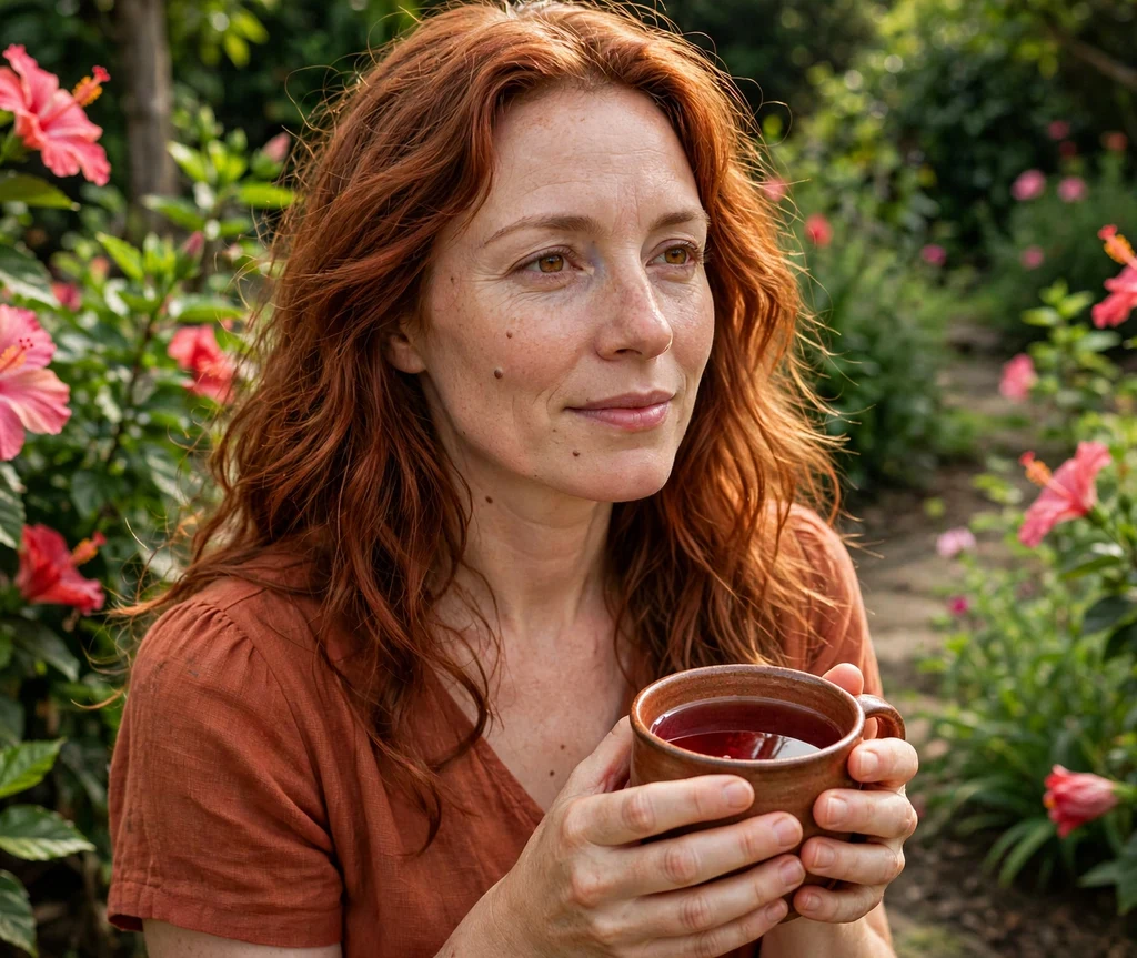 Woman with rich auburn-copper hair holding hibiscus tea among hibiscus flowers in a garden