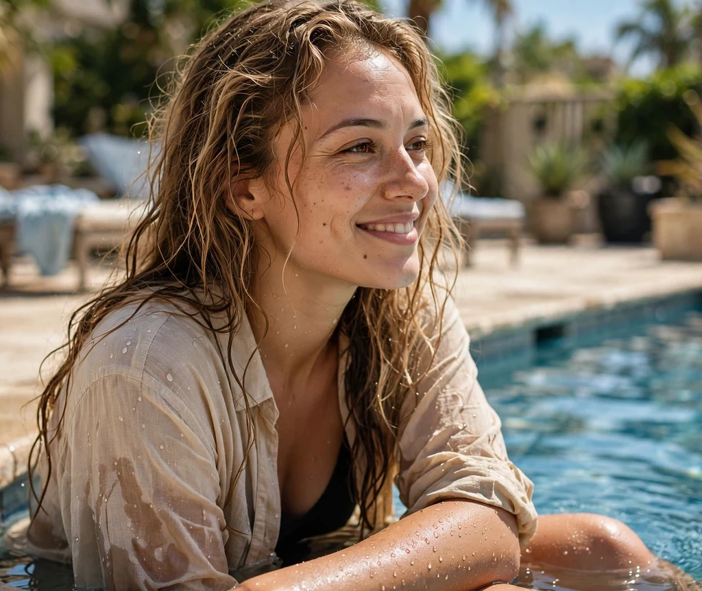 Woman with sun-faded highlighted brown hair fresh from the pool in a cover-up