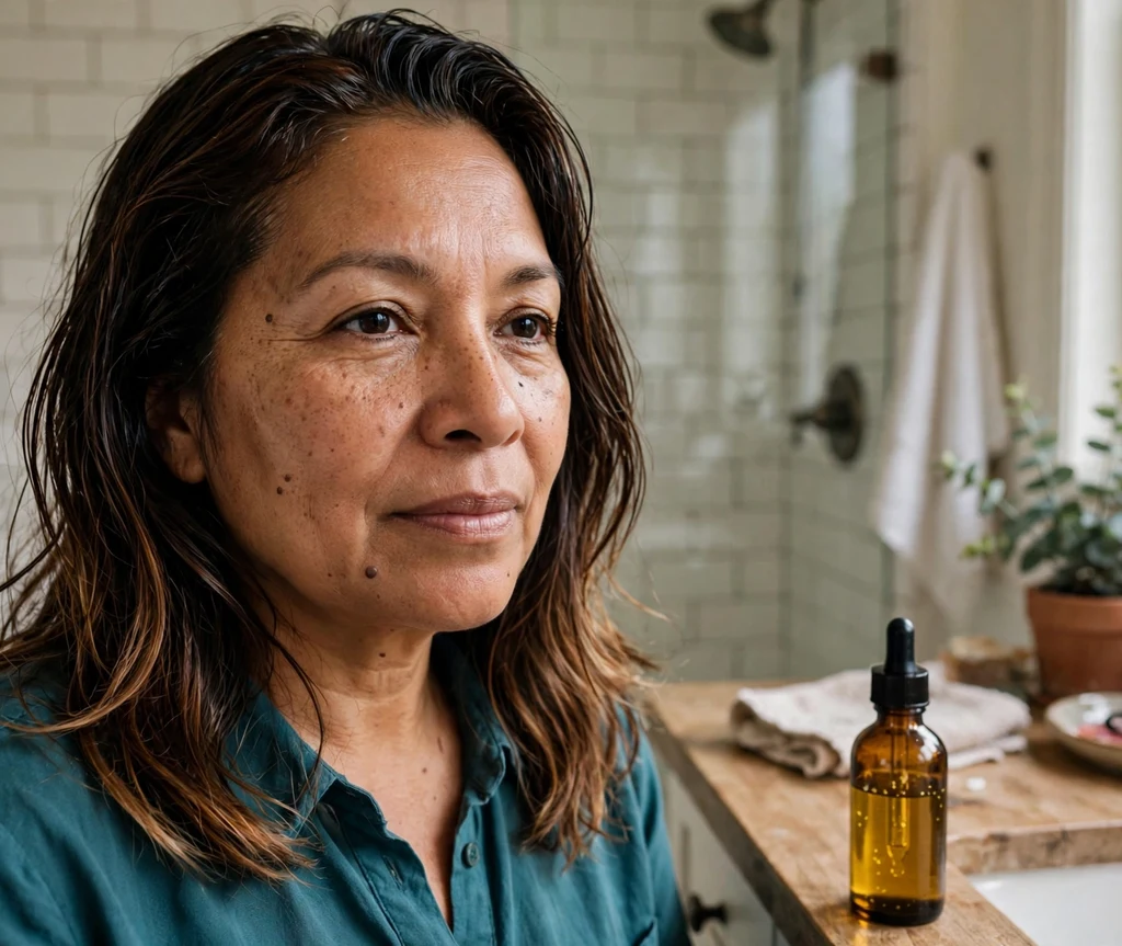 Woman with glossy hot-oiled brown hair beside warmed hair oil in her bathroom