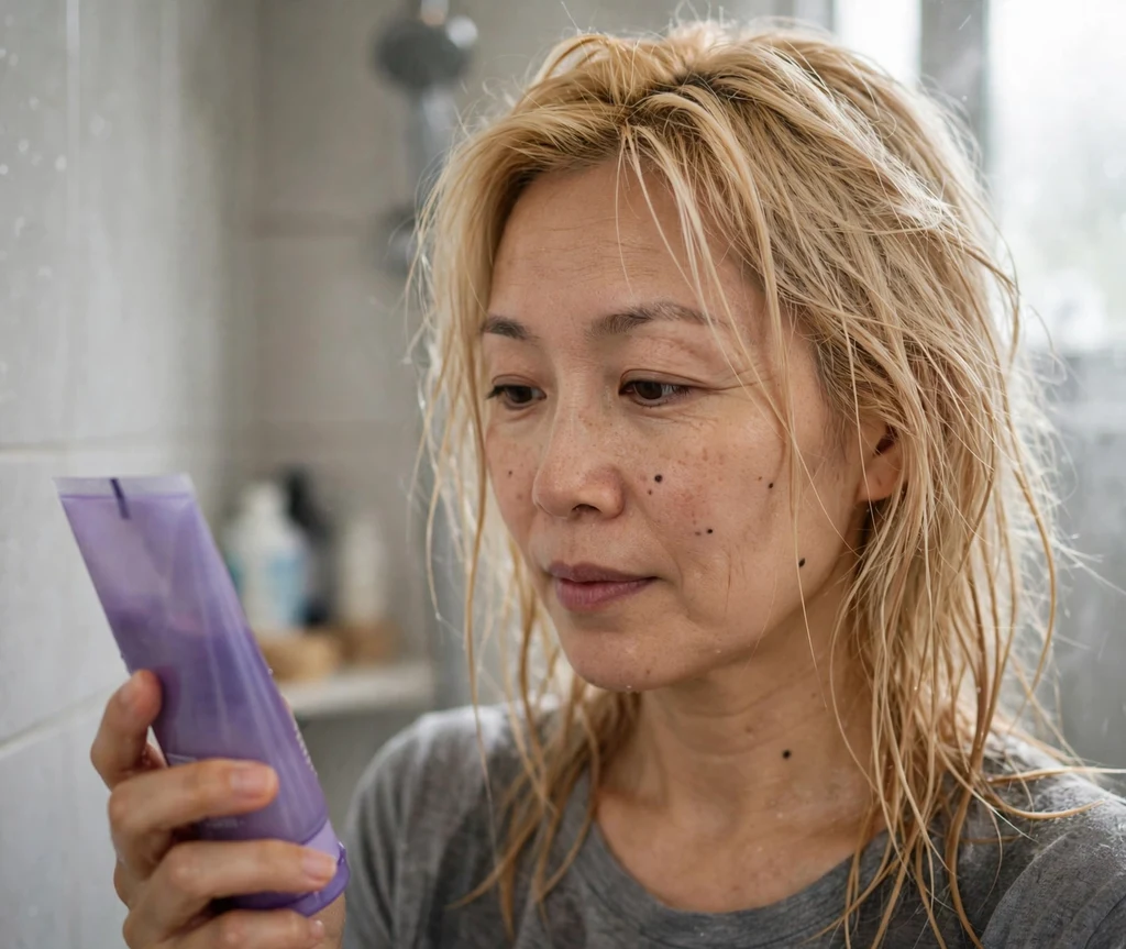 Woman with bright blonde hair holding purple-tinted blonde conditioner in her shower