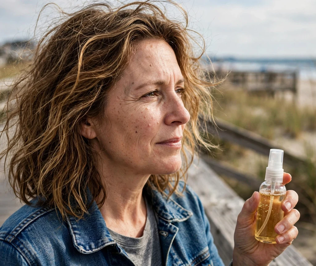 Woman with sun-streaked brown hair holding a DIY honey spray bottle on a beach boardwalk