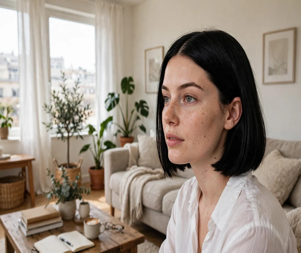 Woman with a classic chin-length Italian bob in a bright apartment