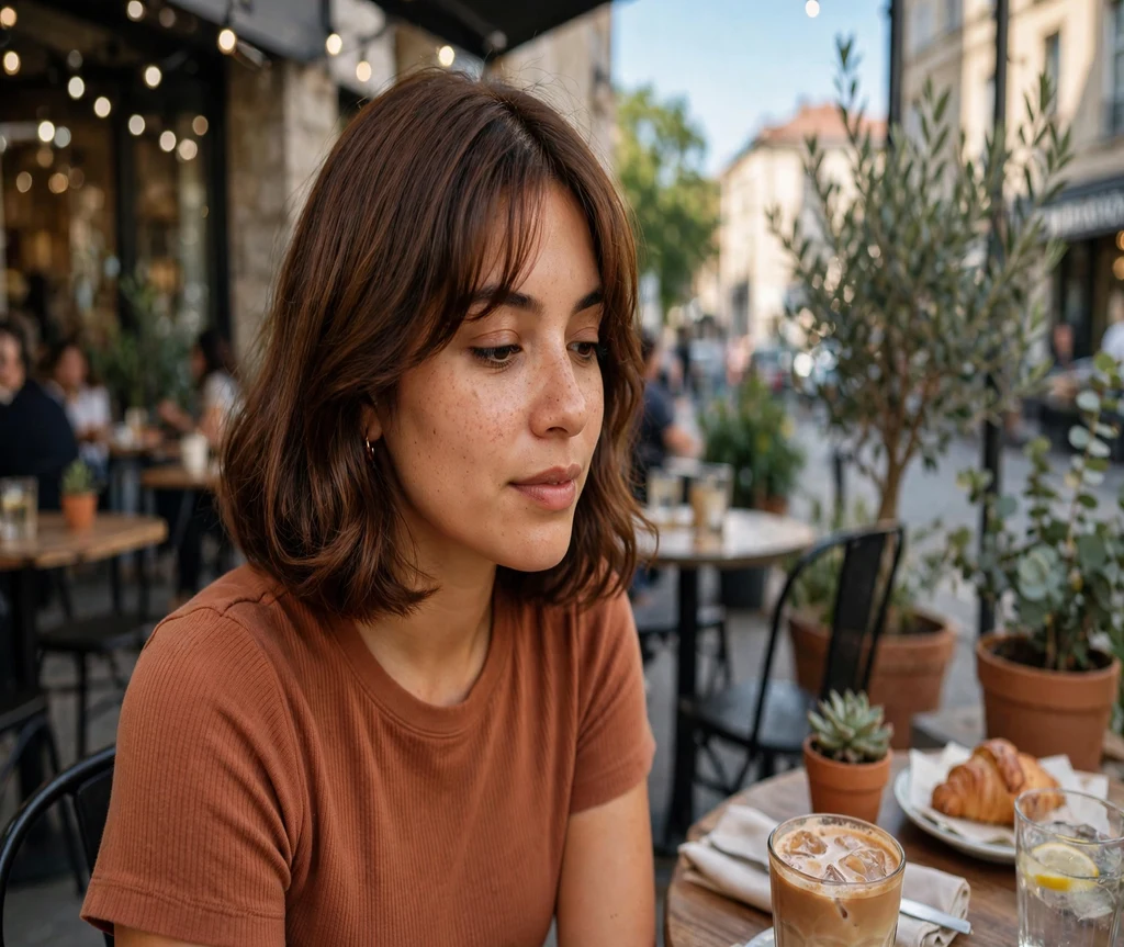 Woman with an Italian bob and curtain bangs at a coffee shop