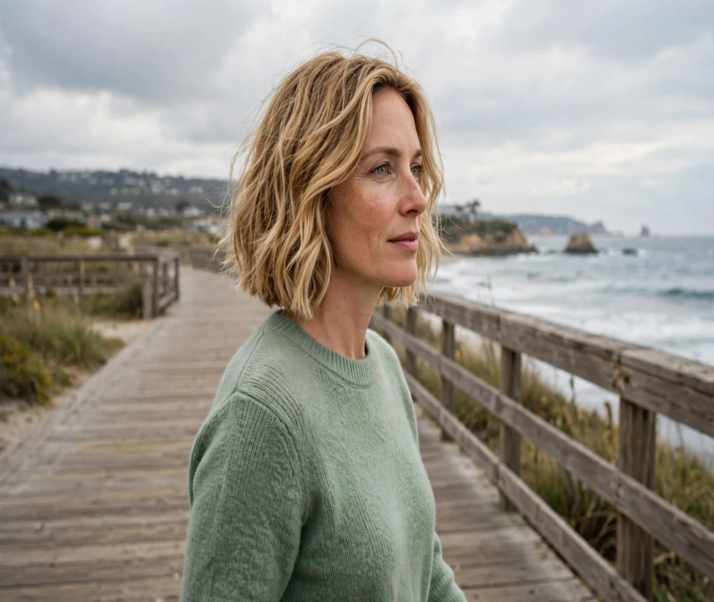 Woman with a wavy textured Italian bob on a coastal boardwalk