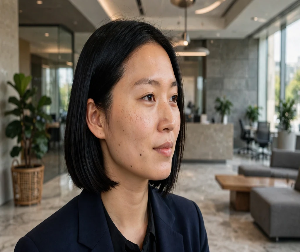 Woman with a sleek straight Italian bob in an office lobby