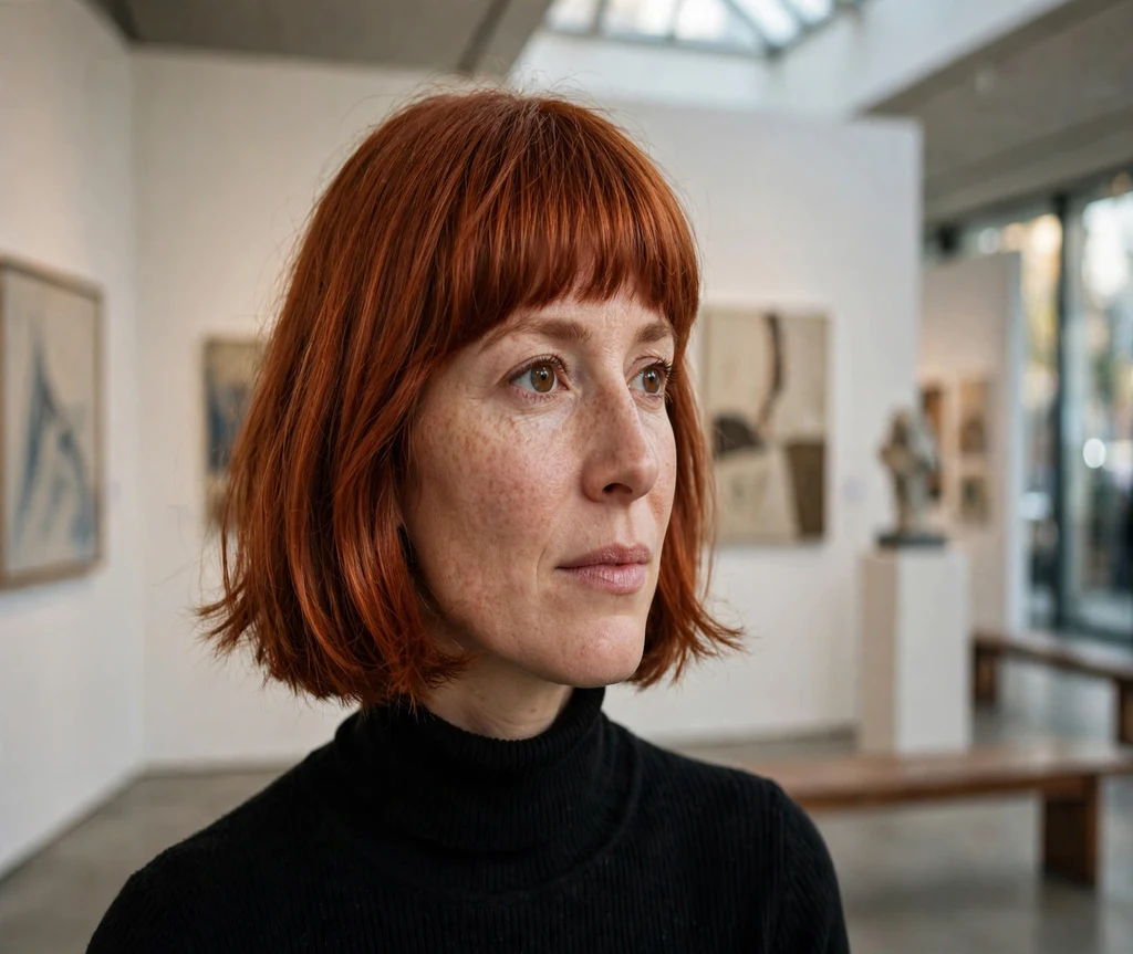 Woman with an Italian bob and full fringe at an art gallery
