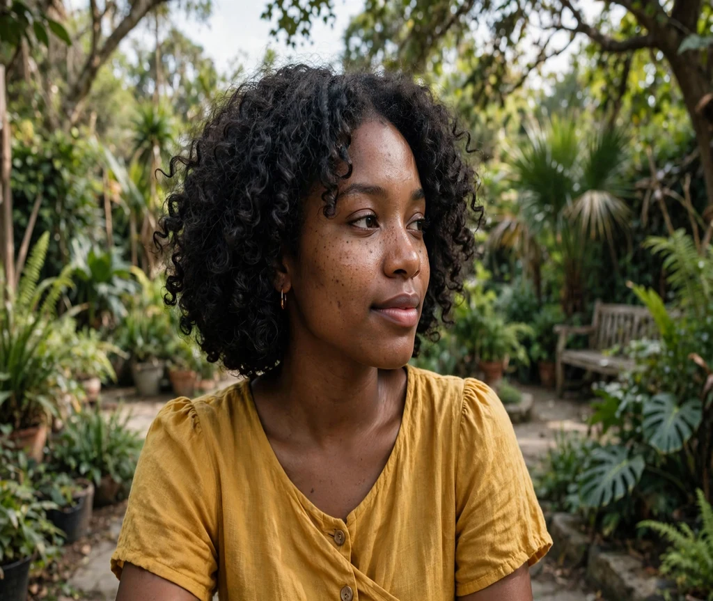 Woman with a curly Italian bob in a botanical garden