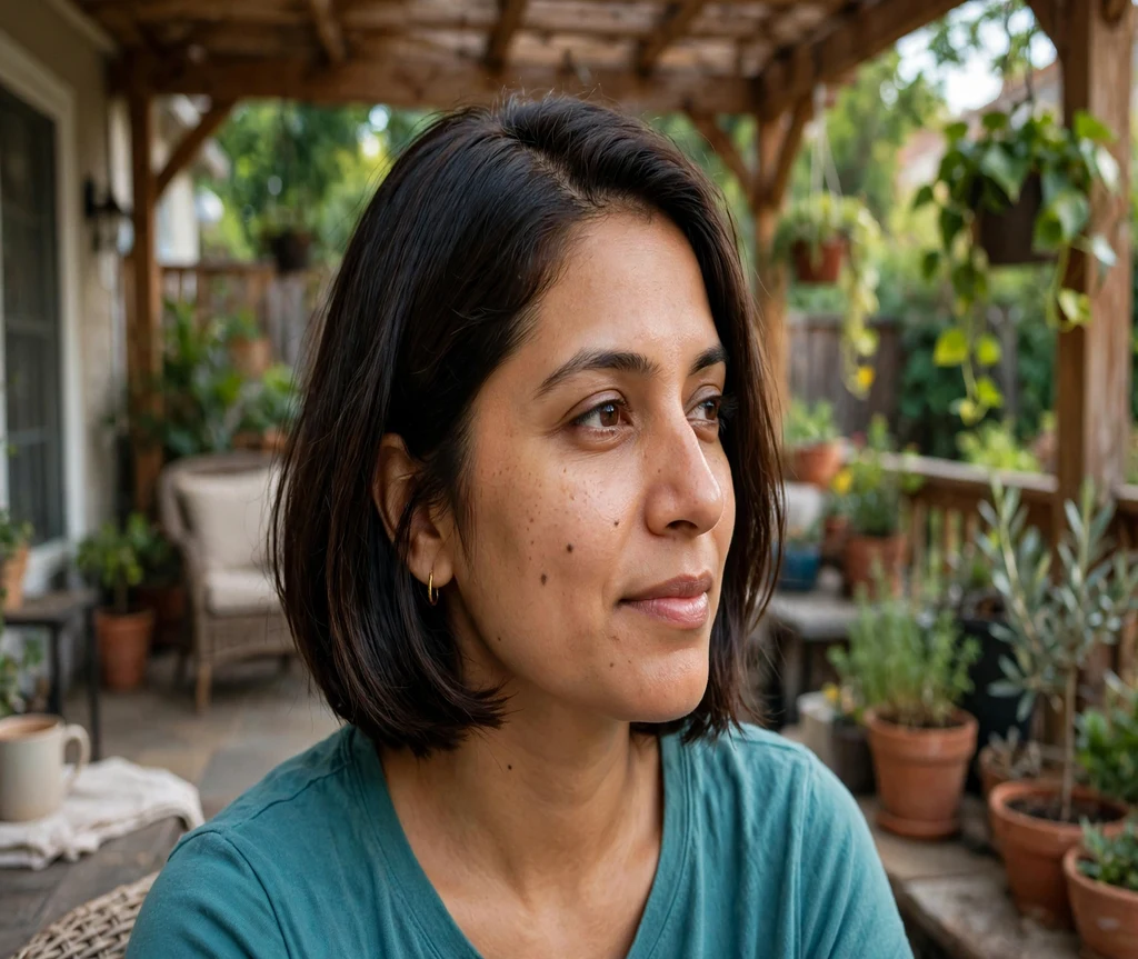 Woman with a side-parted Italian bob on a home patio