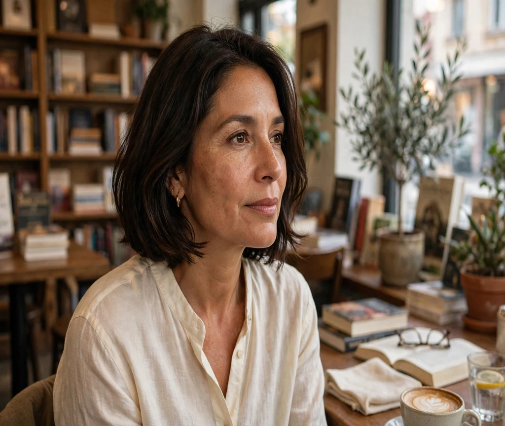 Woman with an Italian bob and face-framing layers at a bookstore cafe