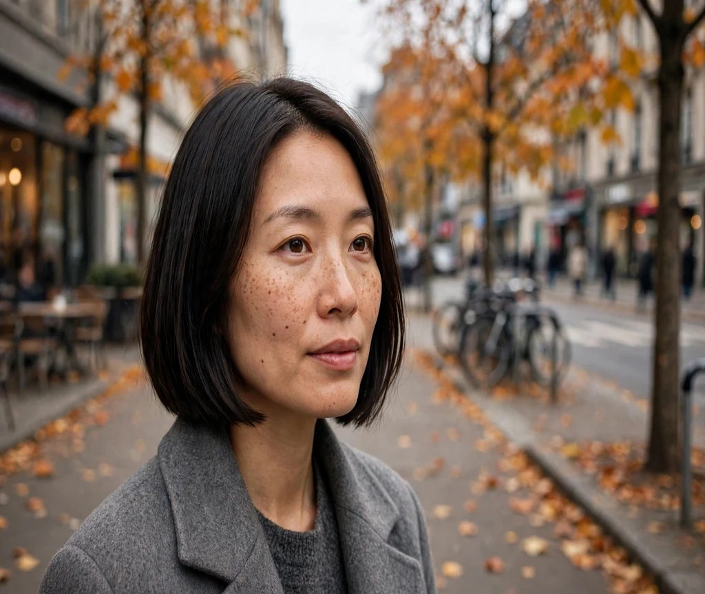 Woman with a blunt-cut Italian bob on a city sidewalk