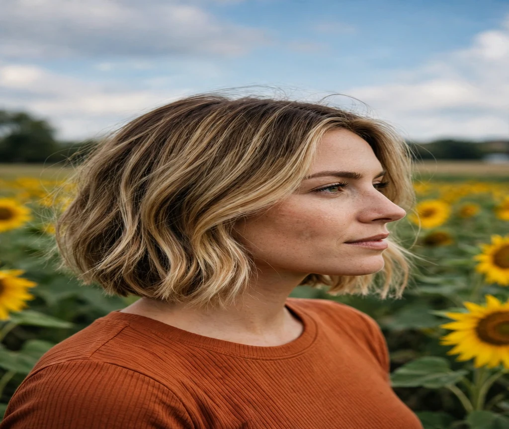 Woman with a honey blonde balayage Italian bob in a sunflower field
