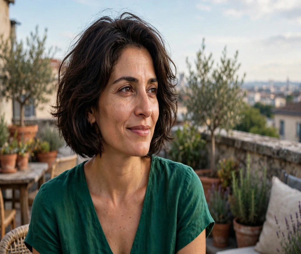 Woman with a voluminous layered Italian bob on a rooftop terrace