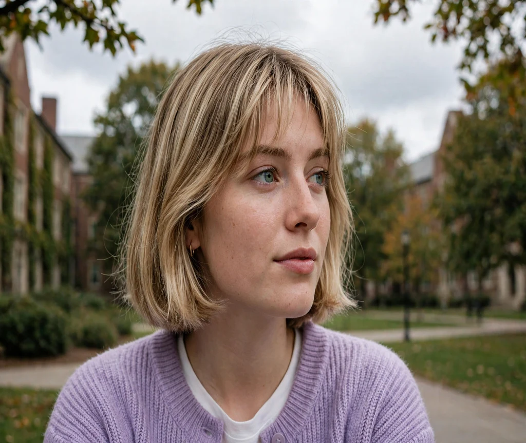 Woman with an Italian bob and wispy bangs on a college campus